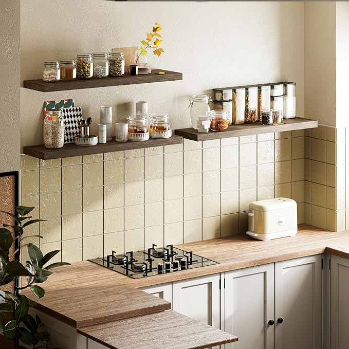 BAMEOS Floating Shelves,40 in W x 8in D Wall Mounted Wooden Shelves with Invisible Brackets Set of 3, Hanging Wall Shelves Decoration for Bedroom, Bathroom, Living Room and Kitchen