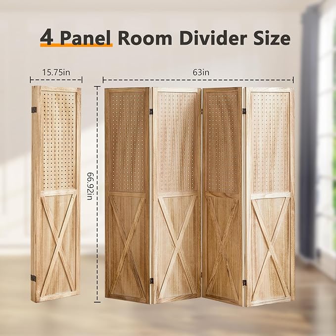 4 Panel Pegboard Wood Room Divider, 5.6Ft Pegboard Display Folding Privacy Screens, Peg Board Display Freestanding for Trade Show Craft Show Home Wall Organizer, Light Brown