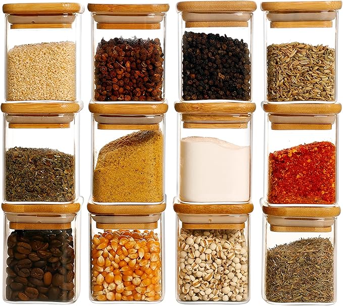 12 Pcs Square Glass Spice Jars with Natural Bamboo Lids - 9oz Airtight Herb Containers with 148 Waterproof Minimalist Spice Labels Preprinted - Empty Small Seasoning Jars for Kitchen Pantry