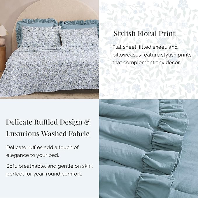 Full Comforter Set - 7 Pieces Ruffle Blue Bedding Sets, Shabby Chic Farmhouse Bed in a Bag Full with Ruffle Comforter, Floral Sheets, Pillowcases & Shams