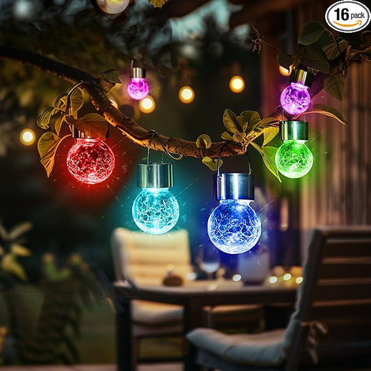 GIGALUMI 16 Pack Solar Hanging Lights for Christmas Decoration - Cracked Glass Solar Lights Outdoor Waterproof for Garden, Yard, Fence, Tree (Color Changing)