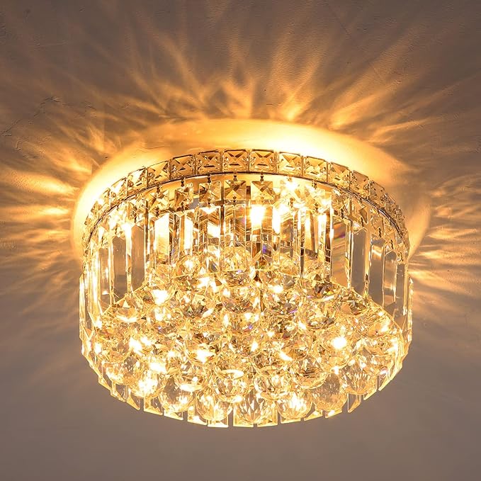 4-Light Crystal Flush Mount Chandelier Light Fixture with K9 Crystals Modern Ceiling Lights Elegant Pendant Lamp for Bedroom,Hallway,Bar,Living Room,Dining Room,H5.9 xW13.7(Bulbs Not Included)