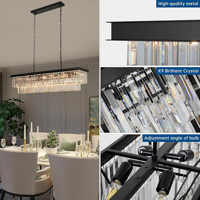 Crystal Chandeliers for Dining Room Light Fixtures Over Table，18-Lights Black Modern Rectangle Chandeliers for Kitchen Island Bar L46 Inch