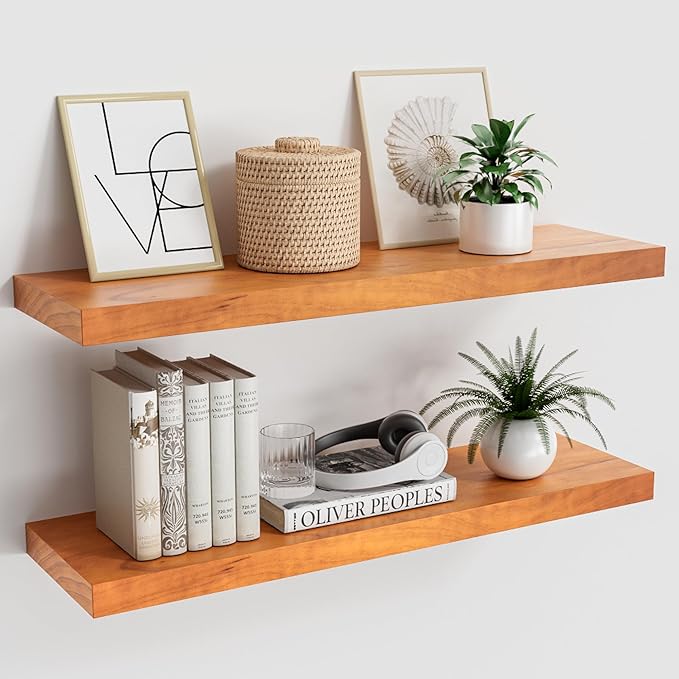 Honey Oak Brown Floating Wall Shelves 24 Inches Long x 8”x 1.4” Wooden Shelf Floating Rustic Farmhouse Decor, Heavy Duty Shelf Hold 60 lbs, Wall Shelves for Bathroom Living Room Kitchen Bedroom Office