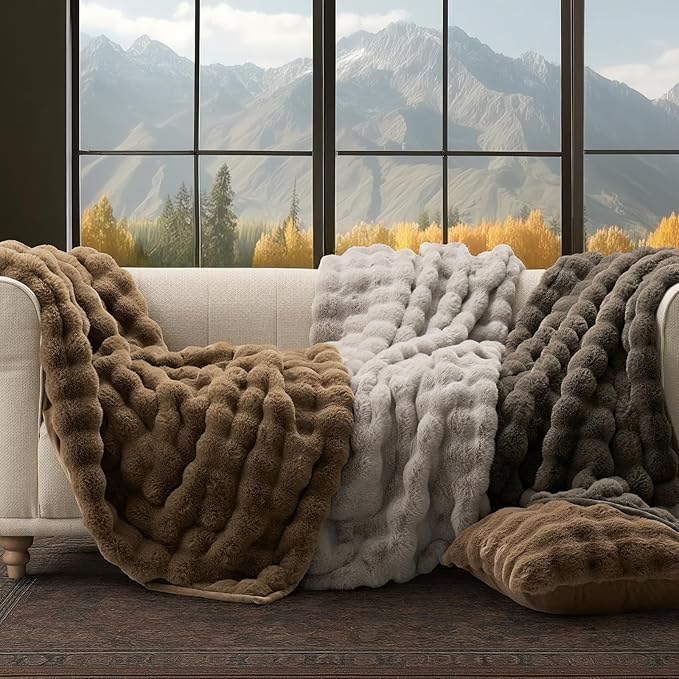 EVERGRACE Ultra Soft Luxury Fluffy Ridgeline Faux Rabbit Fur Throw Blanket, Thick Warm Fuzzy Blankets for Winter, Cozy Plush Reversible Blanket for Couch, Bed, Sofa, Taupe, 80x90 Inches, 870 GSM