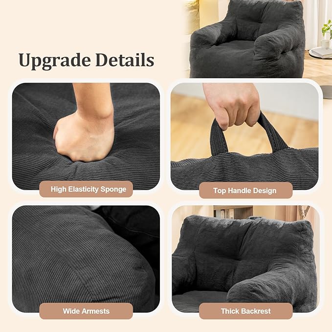 Giant Bean Bag Chair, Large Bean Bag Chair for Adults, Fluffy and Comfy Bean Bag Chair with Filler, Big Bean Bag Sofa Chair for Reading, Stuffed High-Density Foam, Grey