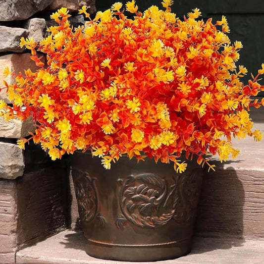 12 Bundles Artificial Fall Flowers No Fade Faux Autumn Plants, Fake Indoor Outdoor Greenery Decorations for Thanksgiving Christmas Wedding Party Home Garden Fireplace Décor (Fall Orange)