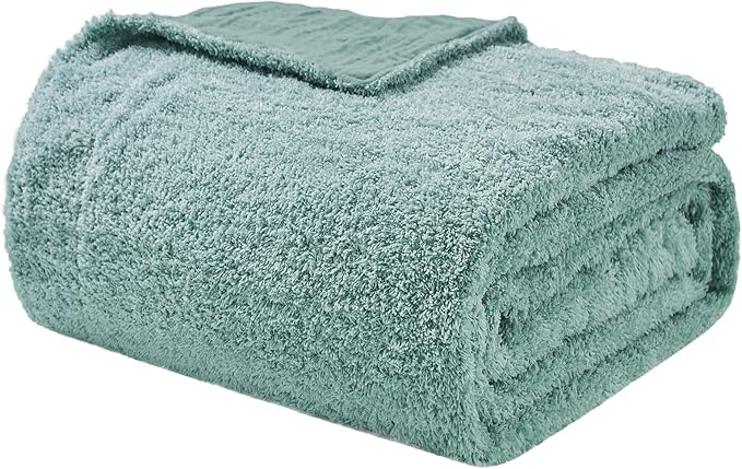 EMME Muslin and Fleece Queen Blanket Reversible - 80"*90" Teal Soft Warm Throw Blankets for Couch Bed Picnic Travel Bed