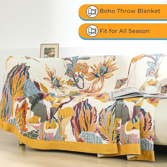 Boho Large Throw Blanket for Bed Couch 60" x 80 "100% Cotton Gauze Fall Blankets Home Decor Soft Lightweight for Sofa Quilt with Floral Butterfly