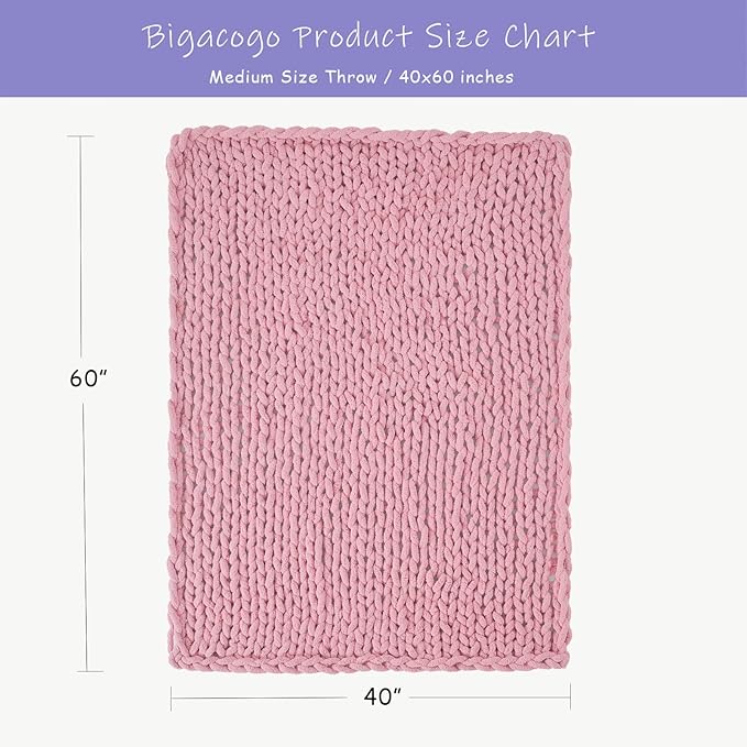Bigacogo Chunky Knit Throw Blanket for Couch, 40x60 inches, 100% Hand Knitted with Thick Jumbo Chenille Yarn, Cozy Soft Large Rope Knot Cable Crochet Blankets for Sofa Bed Living Room, Blush Pink