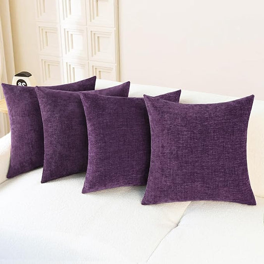 CaliTime Throw Pillow Covers Decorative 18 X 18 Inches Pack of 4 Cozy Chenille Cushion Cases for Couch Sofa Bed Living Room Home Plum Purple