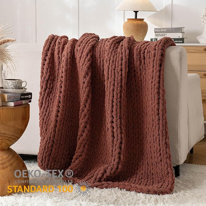 Chunky Knit Blanket Throw, 100% Hand Knit Throw Blanket Handmade Chenille Cable Knit Throw for Couch, Stylish Cozy Soft Rope Knot Crochet Blanket for Home Decor, Copper Brown, 60x80 Inches