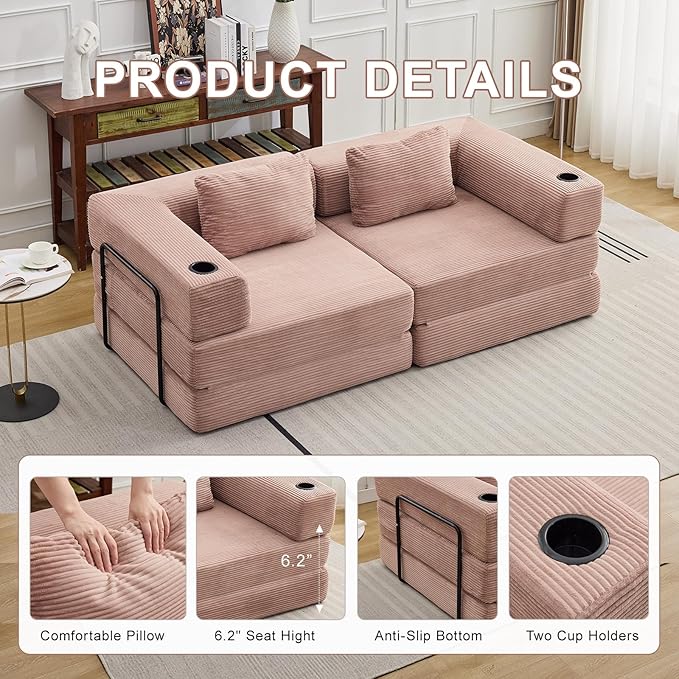 78" W Loveseat Sofa, 4 in 1 Convertible Floor Sofa Bed, Boneless Cloud Couch with Cup Holder, Fold Out Floor Couch, Loveseat Recliner Sleeper for Living Room Bedroom Lounge(Corduroy, White)