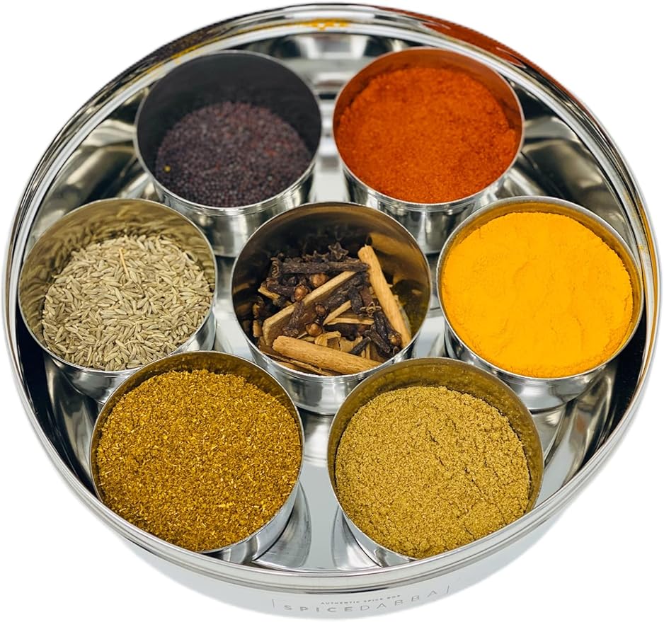 spice dabba Stainless Steel Indian Spice Box, Steel Masala Dabba, Double Lid Spice Container | Gift for Chefs | Size 8x8x2 In (Spice Box Only)
