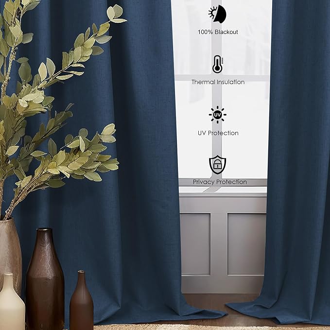 Navy Blue Blackout Curtains 108 Inches Long 2 Panel Large Window Back Tab Pleated Heavy Thick Linen Insulated Thermal Curtains Summer Heat Blocking Light Weight Black Out Drapes for Sliding Glass Door