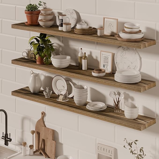 48 Inch Floating Shelves, 8 Inch Deep Floating Shelves for Wall, Hanging Shelf with Invisible Brackets, Wall Mounted Display Shelves for Bathroom, Bedroom, Living Room,3 Tier