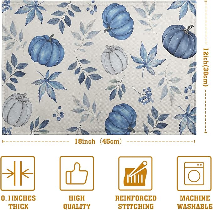 Blue Pumpkin Maple Leaves Fall Placemats Set of 4 Autumn Thanksgiving Harvest Linen Place Mat Non Slip Heat Resistant Washable Table Mats for Party Kitchen Dining Decoration