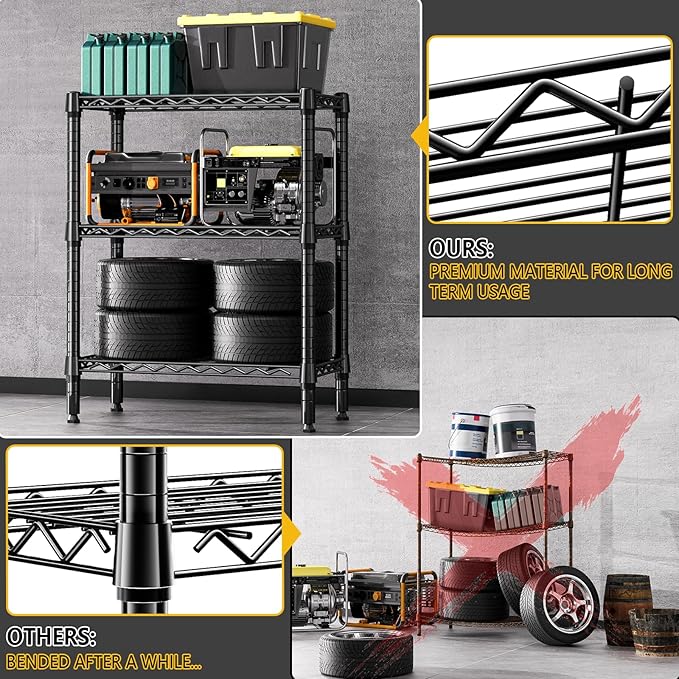 750 lbs 3 Tier Shelf Metal Storage Shelves Wire Rack Closet Organizers for Garage Kitchen Bathroom Laundry Black 11.8" D x 25.6" W x 31.5" H