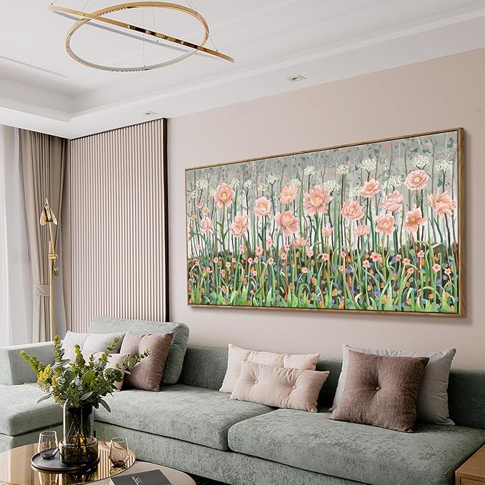 amatop Framed Oversized Floral Canvas Wall Art Canvas Print Modern Botanical Flower Field Rustic Wall Decor Abstract Nature Blooming Wildflower Pale Pink Green Artwork for Living Room Bedroom Office 58x29 in