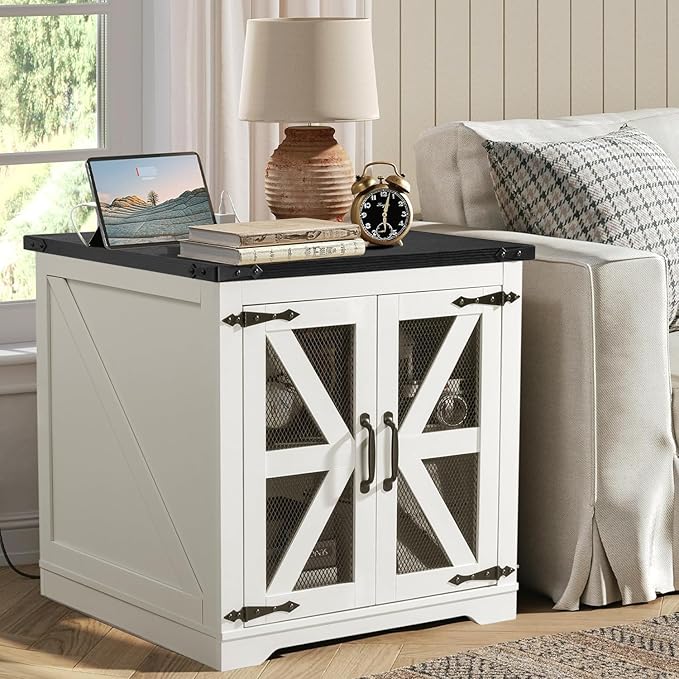 Farmhouse End Table, 24" Large Sofa Side Table with Charging Station, Mesh Barn Door, White Nightstand with Adjustable Storage Shelf, Square Nightstand for Living Room, Bedroom, Office