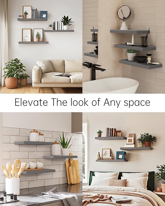 BAYKA Floating Shelves for Wall, Wall Mounted Rustic Wood Shelves for Bathroom, Bedroom, Living Room, Kitchen,Small Hanging Shelf for Books/Storage/Room Decor (Grey, Set of 3, 15.7in)