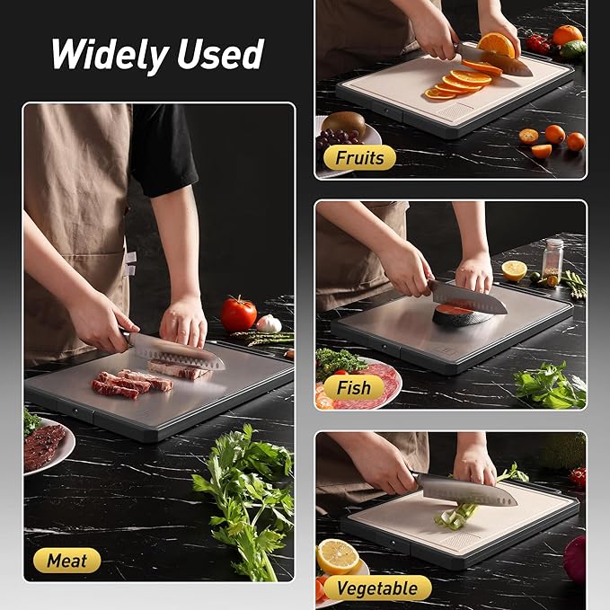Titanium Cutting Boards for Kitchen Non Toxic Chopping Board with Handle Large Big Small Kitchen Meat Butcher Block 2 in 1 Pure Titanium and Wheat Straw PP Not Wood Bamboo Plastic Teak Grey/Beige