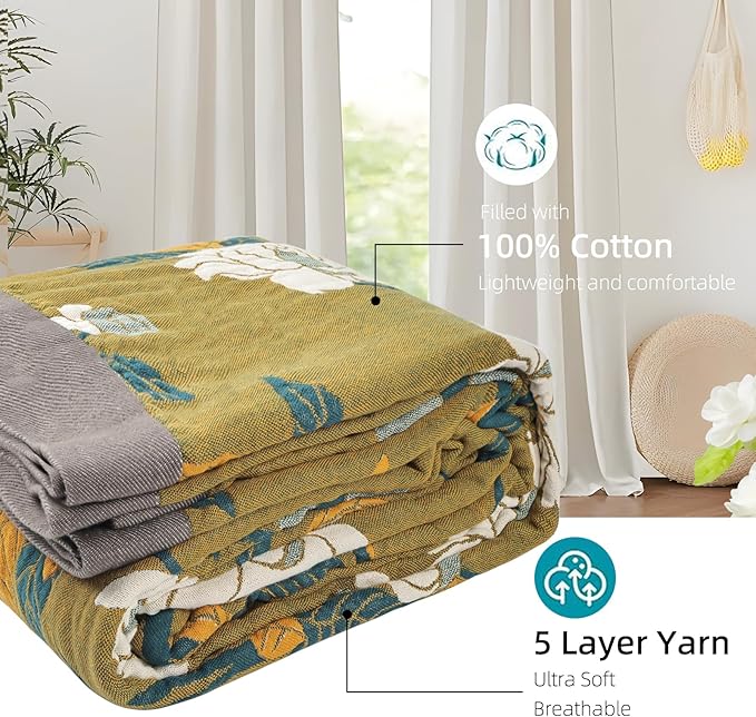 Boho Throw Blanket for Bed - 100% Pure Cotton Ultra Soft Rustic Quilt - Farmhouse Decor Bed Blankets, All Season Rustic Throw for Sofa Couch Chair(60"×80", Flower Branch)