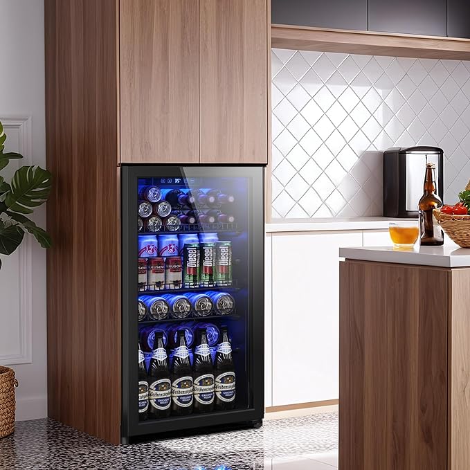 Beverage Fridge, 130 Can Mini Fridge With Glass Door, Beverage Cooler Refrigerator, Wine Drink Beer Cooler, Adjustable Shelves & Digital Temperature Display