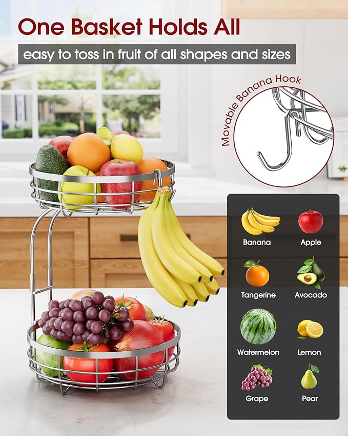 Fruit Basket for Kitchen Counter - 2-Tier Large Capacity Fruit Bowl with Detachable Banana Hanger, Rust-Proof Metal Fruit Holder for Vegetables, Bread, Toiletry,10" D x 10" W x 14" H, Silver.