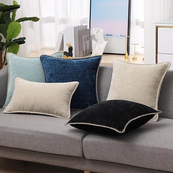 decorUhome Chenille Soft Throw Pillow Covers 18x18 Set of 2, Farmhouse Velvet Neutral Decorative Euro Pillow Covers with Stitched Edge for Couch Sofa Bed Home Decor, Poseidon