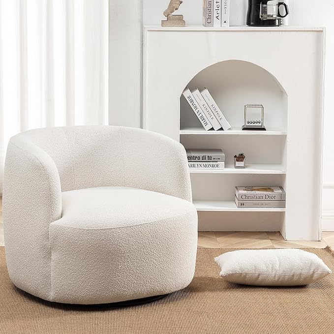 KINWELL 34" Wide 2 Boucle Swivel Barrel Chairs and 2 Ottomans Set, Fully Assembled Sherpa Accent Chairs and Footrest Set, Modern Comfy Armchairs and Footstool for Living Room and Bedroom, Beige