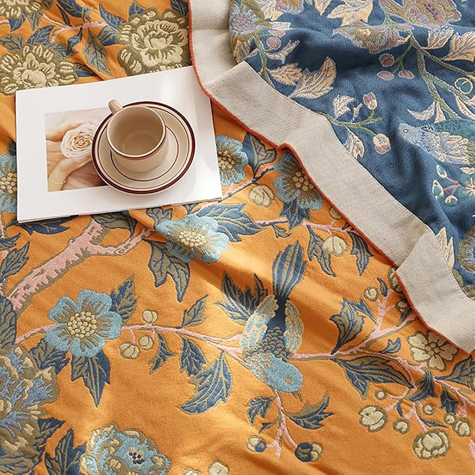 Boho Muslin Blanket for Adults 4-Layer Gauze Twin Size Soft Cozy 100% Cotton Summer Cooling Blanket Floral Decor for Sofa Bed Coverlet Both Sides (Flowr Branch Orange, Twin 60 x 80 in)