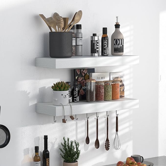 Fun Memories Floating Shelves - 16 Inch Rustic White Wall Shelf - Wall Mounted Shelves for Wall Decor Storage - Wooden Shelves with Invisible Brackets for Living Room, Bedroom, Kitchen, 2 Pack