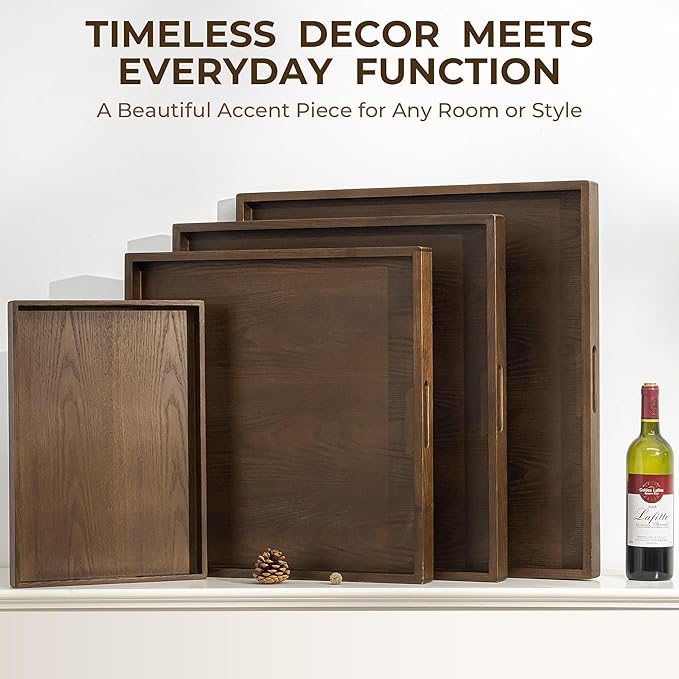 Axeman Wooden Serving Tray with Wood Handles|Ottoman Tray for Breakfast, Bed, Couch|17x12in Ash Wood Coffee Table Trays|Food Drinks Decorative Storage Boards for Ottoman Kitchen, Walnut