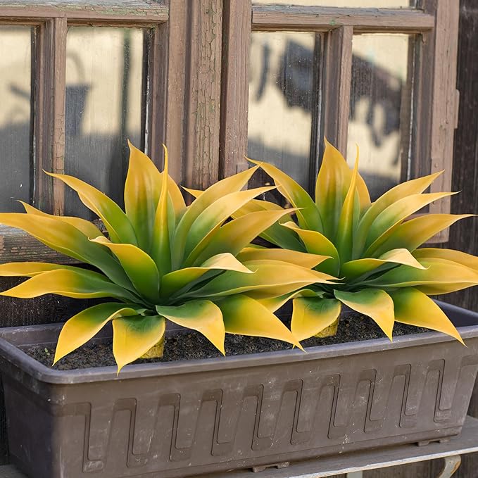 Artificial Agave Plants,Large UV Resistant Fake Agave Planters for Indoor and Outdoor Decorating Tropical Plant Succulents Greenery Indoor Decor (2Pack,18" Yellow)