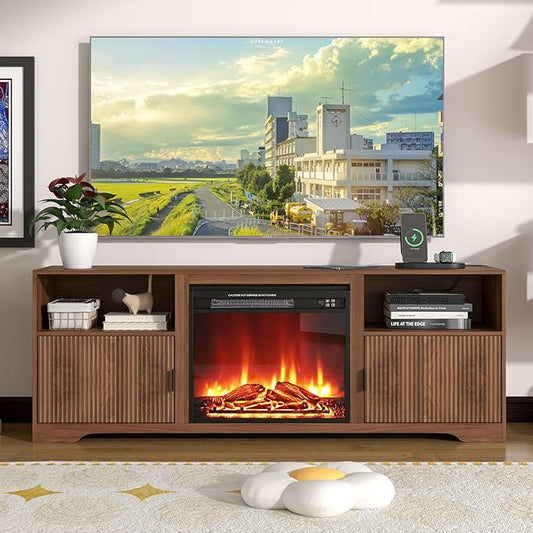 Fireplace TV Stand for Television up to 80 Inch,Entertainment Center with Adjustable Shelf,Mid-Century Modern Fluted TV Stand with 23" Electric Fireplace,Media Console for Living Room,Bedroom