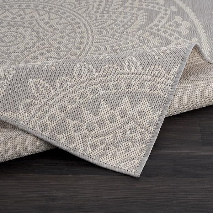 CAMILSON Outdoor Rug 9x12 Modern Area Rugs for Large Indoor and Outdoor Patios and Porches - Waterproof Washable Non-Shedding Easy-to-Clean Outside Carpet (9 x 12, Medallion - Grey/White)