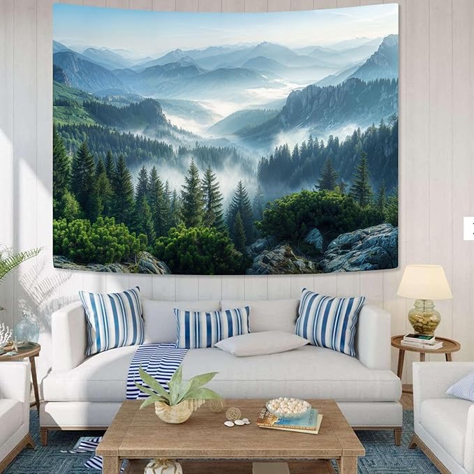 AMM Nature Forest Mountain Tapestry Green Misty Pine Tree Tapestry for Bedroom Aesthetic Foggy Woodlands Sky Landscape Tapestries Wall Hanging for Living Room Dorm 48 x 36 Inch
