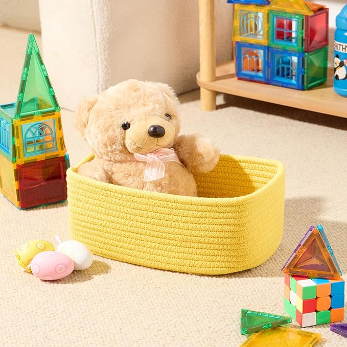 Small Storage Baskets for Organizing | Closet Organizer Bins | Shelf Toy Basket | Woven Rope Baskets | Cube Decorative Box | Shallow Basket | 11.5x7.5x4.7” | 3 Packs Yellow