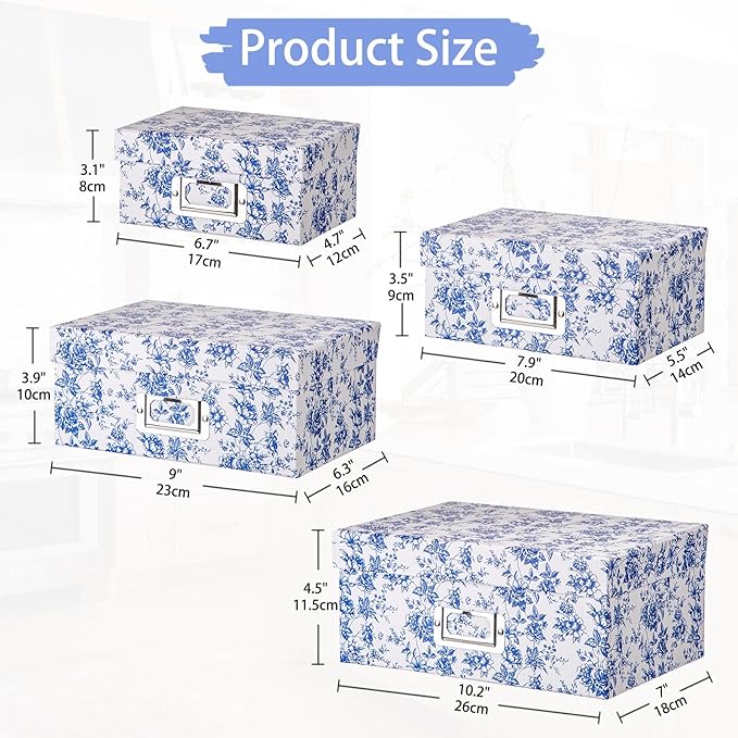 Briful Blue and white Porcelain Storage Boxes, Photos Storage Boxes with Lids 4 in 1 Set Water-proof Gift Boxes Sets Decorative Multiple Size Storage Bins for Clothes/Shoes/Office/Cosmetic/Books