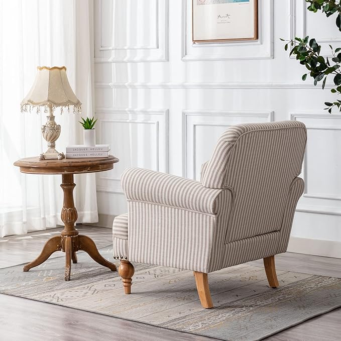 chairus Linen Accent Chair for Living Room Set of 2 Upholstered Mid Century Modern Single Sofa Chair with Solid Wood Legs Comfy Reading Chair Armchair for Bedroom/Office/Recption/Lounge, Khaki Stripe