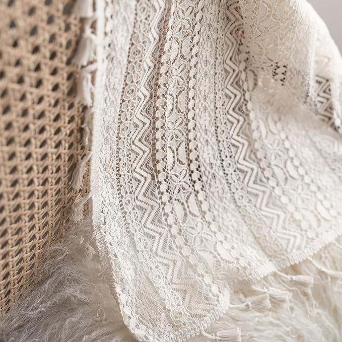 Sutuo Home Crochet Boho Curtain 63 Inches Length, Sheer Lace Handmade Tassels Knitted Window Treatment Vintage Rustic Bohemian Farmhouse Drape for Bedroom Rod Pocket 1 Panel 59" W x 63" L, Beige Wave