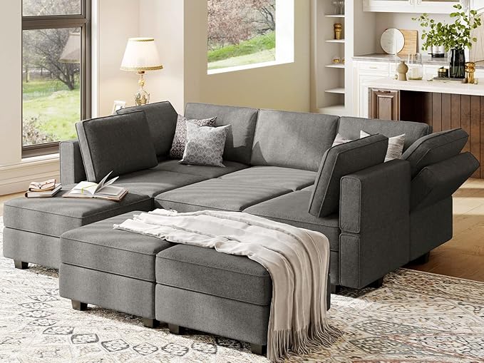 Belffin Modular Sectional Sleeper Sofa Couch with Storage Ottoman Convertible Sectional Couches for Living Room Terry Reversible Chaise. Light Grey Sofa