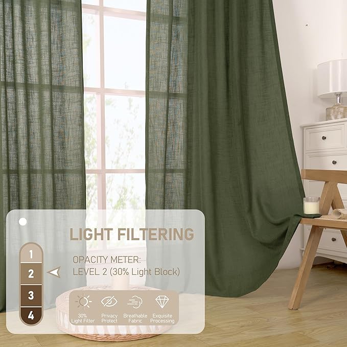 LAMIT Olive Green Sheer Linen Curtains 63 inch Length for Bedroom, Semi Sheer Light Filtering Window Treatments Neutral Bronze Grommet Christmas Drapes for Living Room, 2 Panels Set, 52 x 63 Inch