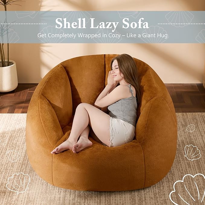 Giant Bean Bag Chair for Adults - Comfy Plush Round Shell Soft Reading Chair, Oversized Cozy Lounge Floor Sofa Accent Chair, Mini Couch for Living Room, Bedroom & Game Rooms, Orange