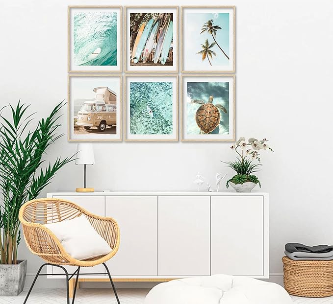 EVPYXFUT Set of 6 Tropical Beach Canvas Wall Art Surf Poster Summer Ocean Coastal Pictures Turtle Print Palm Tree Surfboard Gallery Paintings Nautical Bus Wall Decor for Bedroom Bathroom Unframed
