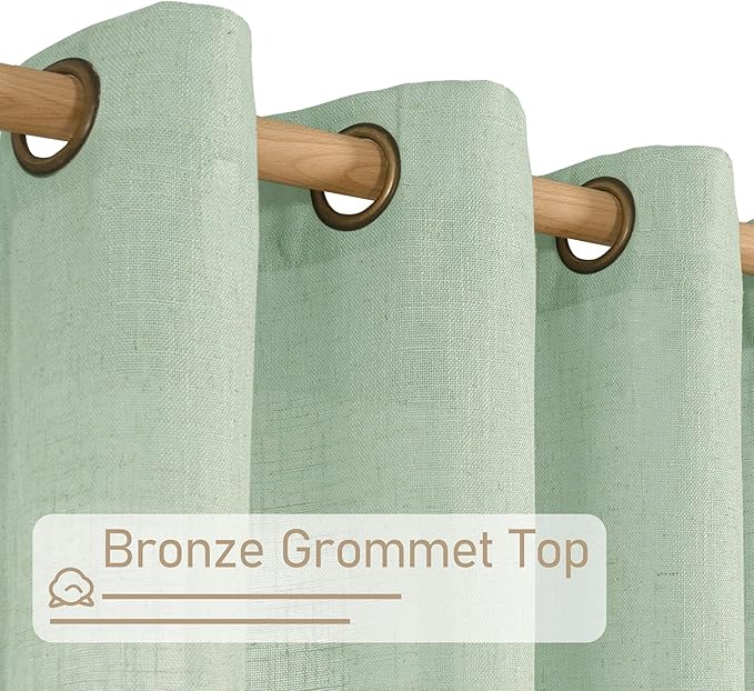 LAMIT Fresh Green Linen Sheer Curtains 63 Inch Length for Bedroom, Light Filtering Panels with Bronze Grommet for Living Room Faux Linen Textured Spring Decor Drapes, 2 Panels, 34 X 63 Inch