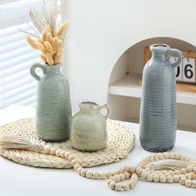 Ceramic Vase Set of 3 | Neutral Vase Home Decor with Handle | Pottery Modern Farmhouse Vases Pampas Grass Flower Vases for Home Decor Table Living Room Centerpieces Mantel Decor - Multicolor