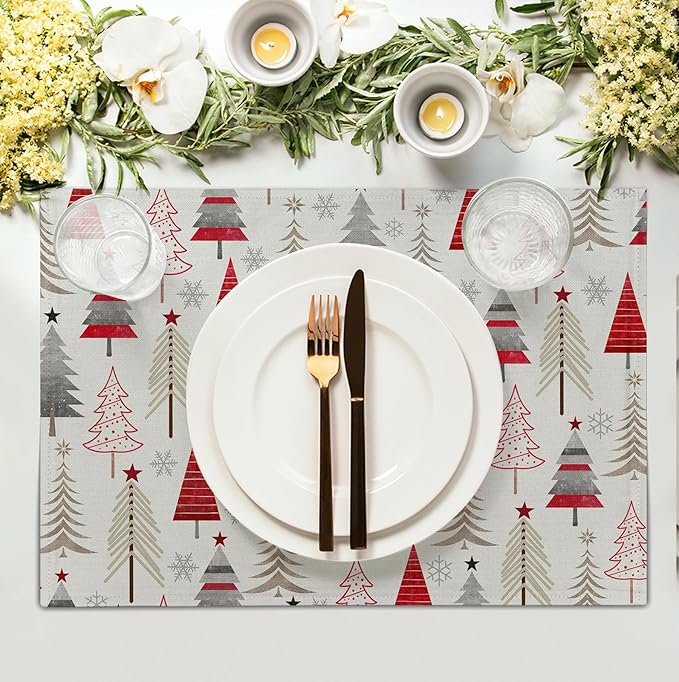 Christmas Tree Placemats Set of 4 Geometric Colorful Xmas Place Mats 12x18 Inch Seasonal Winter Holiday Farmhouse Washable Linen Table Mat for Party Kitchen Dining Decoration