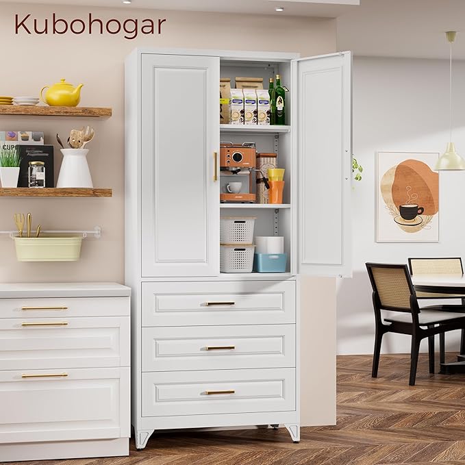 75" Kitchen Pantry Cabinet, Metal Storage Cabinets with Doors and Adjustable Shelves, White Tall Pantry Cabinet with 3 Drawers for Dinning Living Room